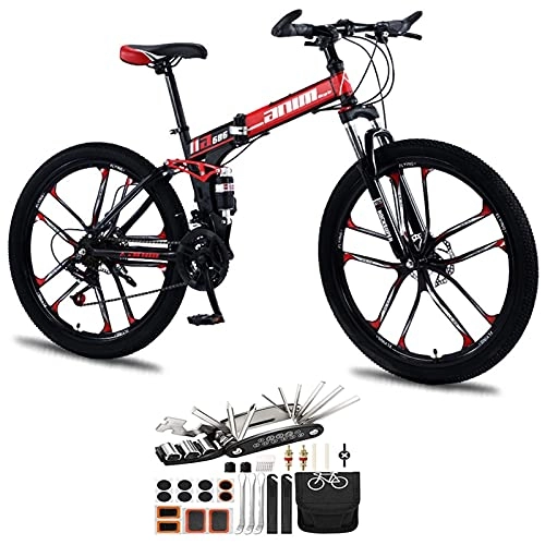 Folding Bike : Tbagem-Yjr 26 Inch Double Shock Absorption Lightweight Folding Bicycle, 21-30 Speed Mountain Bike 10 Knife Wheels Cross Country Variable Speed Bicycle Tool Accessories (Color : Red, Speed : 27speed)