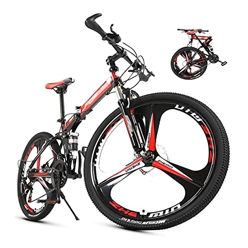 Folding Bike : Tbagem-Yjr 26-inch Folding Bicycles, Full Suspension 3 Knife Wheels Mountain Bike 21 / 24 / 27 / 30 Speed Disc Brakes For Adults Outdoor Bicycle Red (Size : 30speed)