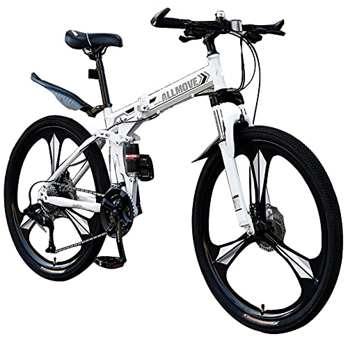 Folding Bike : Tbagem-Yjr 26 Inch Mountain Bike, 3 Knife Wheels Folding Lightweight Full Suspension Frame Bicycle 21 / 24 / 27 / 30 Speed Dual Disc Brake White (Speed : 24speed)