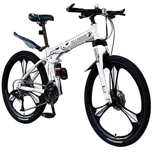 Folding Bike : Tbagem-Yjr 26 Inch Shock Absorption Mountain Bicycle, 3 Knife Wheels Folding Lightweight Full Suspension Frame Bicycle 21 / 24 / 27 / 30 Speed Disc Brake White (Speed : 30speed)