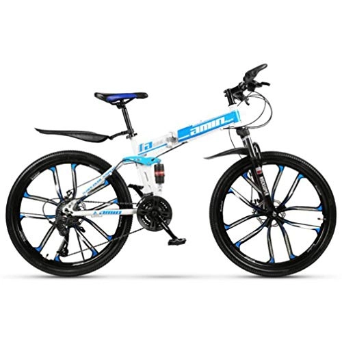 Folding Bike : Tbagem-Yjr Dual Disc Brake Freestyle Folding Mountain Bike, Dual Suspension Road Bicycle 26 Inch (Color : Blue, Size : 30 speed)