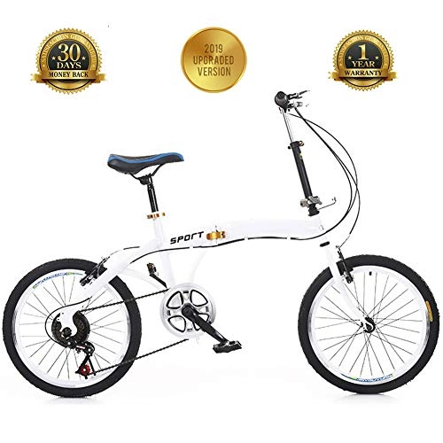 Folding Bike : TBAN 20 Inch Folding Bicycle, Student Car, Speed Bike Adult Bicycle, High Carbon Steel Material, with Disc Brake, White