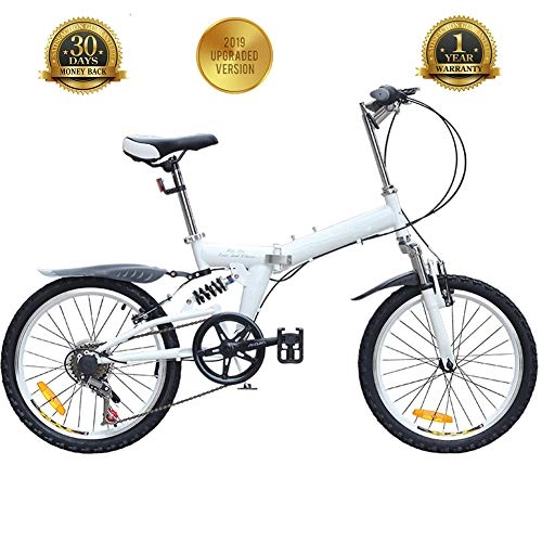 Folding Bike : TBAN 20 Inch, Folding Mountain Bike, Double V Brake System, Front And Rear Suspension, Variable Speed Bicycle, White