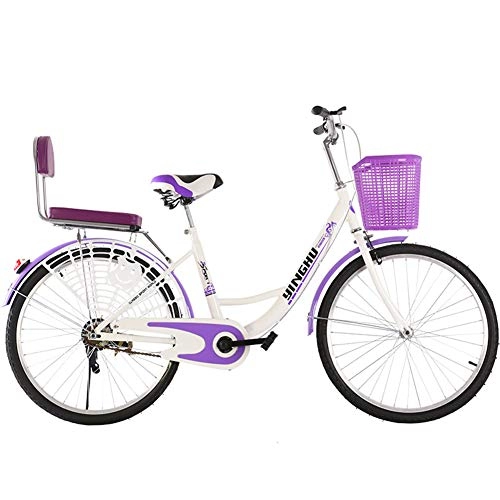 Folding Bike : TBAN Bicycle, Adult Male And Female, Lightweight, Urban Commuter, Student Retro Bicycle, with Basket And Net, Purple