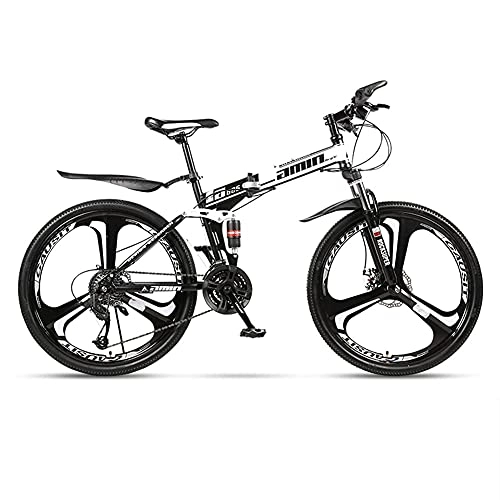 Folding Bike : TBNB Folding Adult Mountain Bike, 24 / 26 Inch Full Suspension Road Bicycle, Double Disc Brake Outroad Mountain Bicycle for Men Women (White 26inch / 21Speed)
