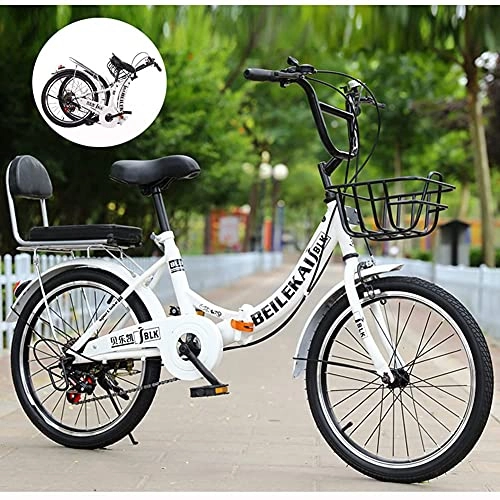 Folding Bike : TBNB Folding Kids Bike 20-24inch, 7 Speed, Portable Outdoor Road Bicycle for Boys And Girls, Teens, with Back Seat and Basket (White 22inch)