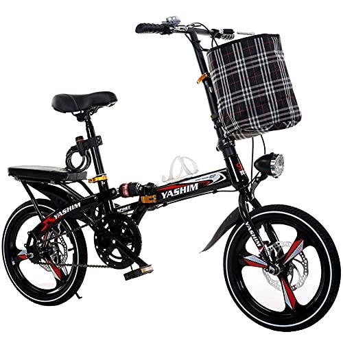 Folding Bike : TBNB Portable Folding Kids Bike, Foldable Adult Soft-Tail Bicycle, Road Bike, 6-Speed, Disc Brake, with Basket and Back Seat, 16 / 20inch, Black, White (Black 20inch)