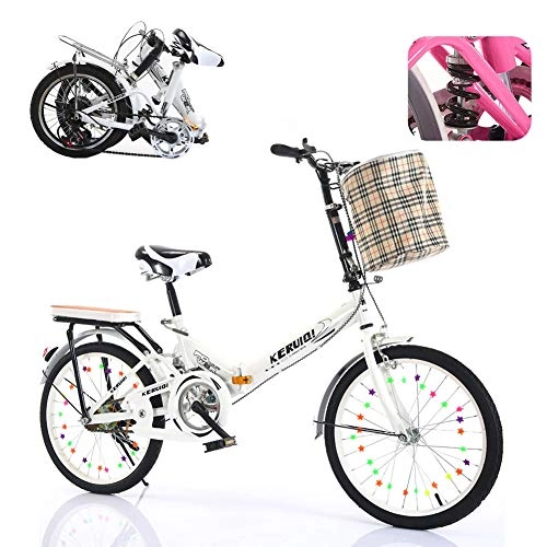 Folding Bike : TopBlng Mini Road Bike Folding Cruiser Bike Lightweight Bikes Bicycle, Women With Basket Folding Bike 20 Inch Wheel, For Urban Commuting-Shock Absorbers White