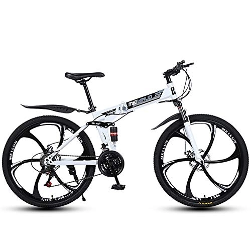 Folding Bike : TOPYL 26 Inch Mountain Bike Full Suspension, Folding MTB Bike Not-slip Bike For Adults Teens, Sport Wheels Dual Disc Brake Aluminum Frame White-6 Spoke 21 Speed