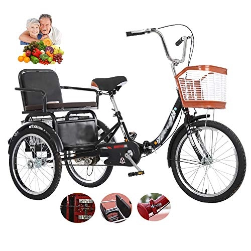 Folding Bike : tricycle adult 3-wheel bike ladies 20-inch foldable Bicycle Gifts from parents with rear seat belt food basket shopping outing, walking pedal