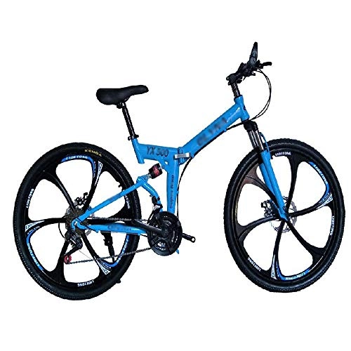 Folding Bike : TSTZJ Mountain bike male and female adult shifting disc brakes student off-road racing 30 Speed Steel Frame 26 Inches Wheels Dual Suspension Folding Bike, blue- 26 inches 24 speeds