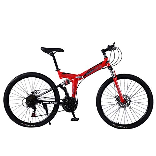 Folding Bike : TTlove Foldable mountain bike 24-inch variable speed adult shock-absorbing bicycle mountain bike double disc brake soft tail carbon steel off-road outdoor city cycling travel(A#Red, 24 Inch)
