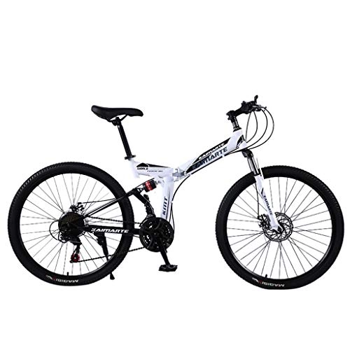 Folding Bike : TTlove Foldable mountain bike 24-inch variable speed adult shock-absorbing bicycle mountain bike double disc brake soft tail carbon steel off-road outdoor city cycling travel(A#White, 24 Inch)