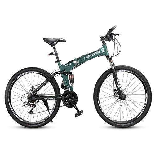 Folding Bike : TX Foldable Sports Mountain Bike Variable Speed Adult Bicycle Double Shock Absorption Spring-Spoked Wheel Double Disc, Green