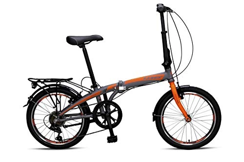 Folding Bike : Umit Folding Bike 20 Inch Aluminum Frame V-Brakes on Handlebar Shimano 6 Speed Gearbox Grey Orange