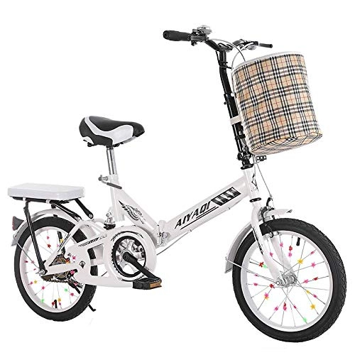 Folding Bike : Unisex Adult Mini Bike Folding Shocking Child Bike Adjustable Handlebar and Seat Aluminum Frame Single Speed -20" Wheel-White + shock absorption_16 inch