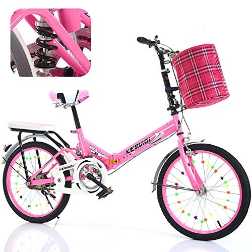 Folding Bike : Unisex Suspension Folding Bike 16 Inch 20 Inch High-carbon Steel Ultralight Frame Student Child Commuter City Bike, Pink, 20Inch