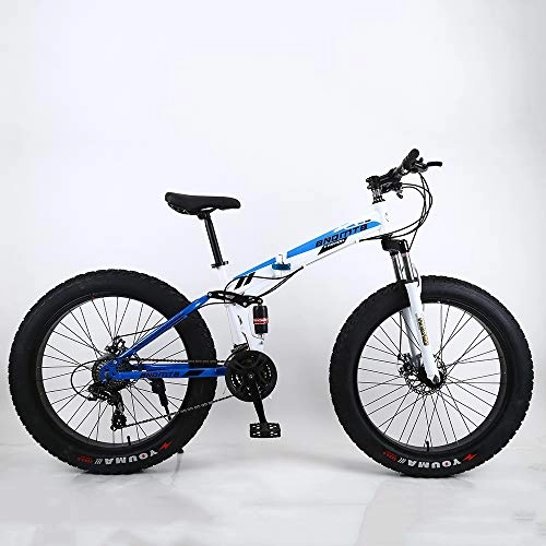 Folding Bike : VANYA 26 Inches Folding Mountain Bike 7 Speeds Suspension Disc Brake Off-Road Snowmobile 4.0 Wide Tire Beach Bicycle, Blue, 26inches