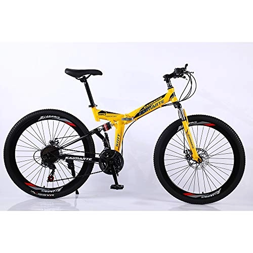 Folding Bike : VANYA Folding Bike 24 / 26 Inch 21 Speed Double Disc Brake High Carbon Steel Off-Road Shock Absorption Mountain Bicycle, Yellow, 26inches
