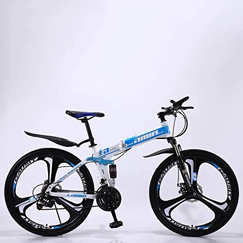 Folding Bike : VANYA Folding Mountain Bike 21 / 24 / 27 Speed Dual Suspension Cycle 24 / 26Inches Disc Brake Six-Blade Wheels Bicycle, Blue26, 21speed