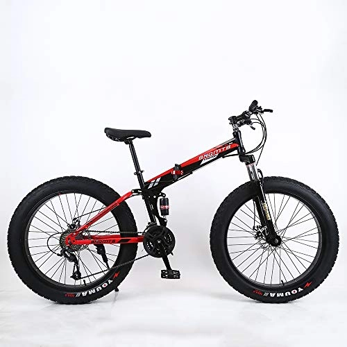 Folding Bike : VANYA Widened Tire Folding Mountain Bike 24 / 26 Inch 24 Speed Commuter Bicycle Double Shock Absorption Beach Cycle Snowmobile, blackred, 24inches
