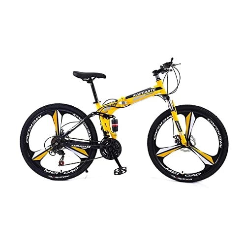 Folding Bike : VIIPOO Folding Mountain Bike, 24 / 26 Inch Full Suspension MTB Bicycle for Adult, High Carbon Steel Frame, Double Disc Brake Outroad Mountain Bicycle for Men, Yellow-24‘’ / 30 Speed