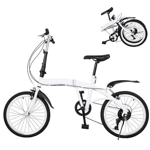 Folding Bike : VonVVer 20 Inch Adult Folding Bike - 6 Speed Adjustable City Bike Compact White Bike with Double V Brake Carbon Steel Foldable Bicycle Height Adjustable for Adult Men and Women Teens