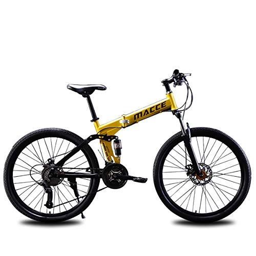 Folding Bike : W&TT Adults Mountain Bike 21 / 24 / 27 Speeds Off-road Double Shock Absorption Bicycle 24 / 26 Inch High Carbon Soft Tail Folding Bicycle with Dual Disc Brakes, Yellow, C26Inch21S