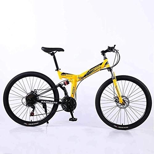 Folding Bike : WEHOLY Bicycle Mountain Bike 24 Speed Steel High-Carbon Steel 24 Inches Spoke Wheel Dual Suspension Folding Bike for Commuter City, Yellow, 27speed