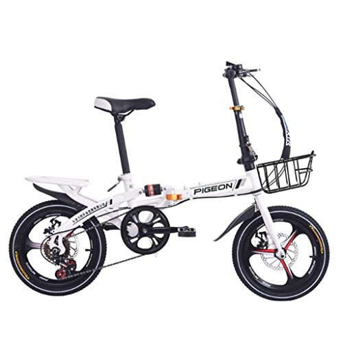 Folding Bike : Weiyue foldable bicycle- Folding Bicycle 16 Inch Commuter Portable Mini Shifting Disc Brake Shock Absorber Adult Male And Female Student Car (Color : White)