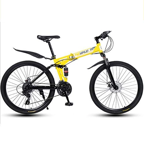 Folding Bike : WGYDREAM Mountain Bike, Collapsible Ravine Bike 26" Dual Disc Brake Double Suspension Mountain Bicycles, 21 24 27 speeds Carbon Steel Frame (Color : Yellow, Size : 24 Speed)