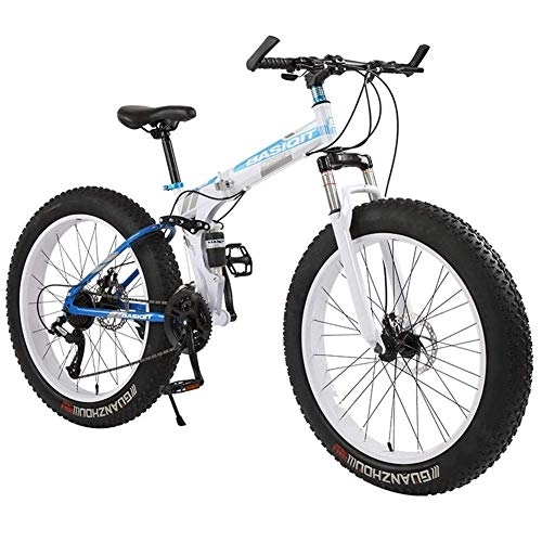 Folding Bike : WJSW Adult Mountain Bikes, Foldable Frame Fat Tire Dual-Suspension Mountain Bicycle, High-carbon Steel Frame, All Terrain Mountain Bike, 20" White, 27 Speed