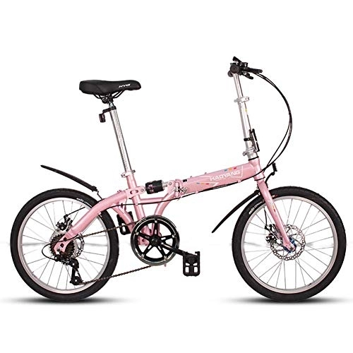 Folding Bike : WJSW Adults Unisex Folding Bikes, 20" 6 Speed High-carbon Steel Foldable Bicycle, Lightweight Portable Double Disc Brake Folding City Bike Bicycle, Pink