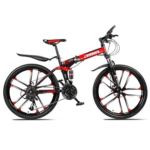 Folding Bike : WJSW Dual Disc Brake Freestyle Folding Mountain Bike, Dual Suspension Road Bicycle 26 Inch (Color : Red, Size : 30 speed)