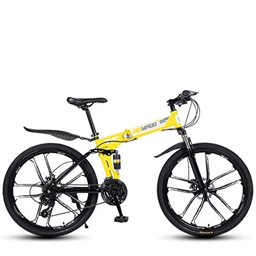Folding Bike : WJSW Folding Variable Speed 26 Inch Mountain Bike, High-carbon steel Frame Bikes Dual Disc Brake Bicycle, 21-24 - 27 Speeds, Yellow, 21speed