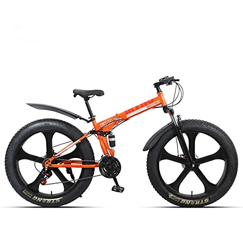 Folding Bike : WLWLEO Fat Tire Mountain Bike, 26 Inch 21 / 24 / 27 Speed Foldable Mountain Bike, High Carbon Steel Frame, Beach Snow All-Terrain Anti-Slip Bike for Adults Teens, Orange, 27 speed