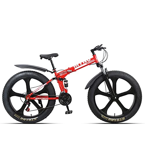 Folding Bike : WLWLEO Fat Tire Mountain Bike, 26 Inch 21 / 24 / 27 Speed Foldable Mountain Bike, High Carbon Steel Frame, Beach Snow All-Terrain Anti-Slip Bike for Adults Teens, Red, 21 speed