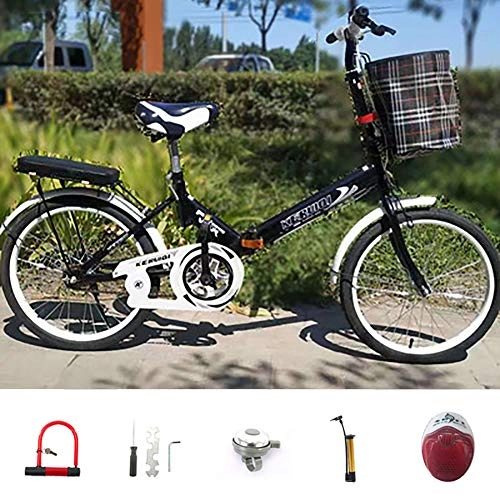 Folding Bike : Women Commuter Folding Bicycle, Adjustable Height Comfort Bike for Beginner Riders, with Basket & Back Seat, with Front and Back Brakes, Single Speed Bike
