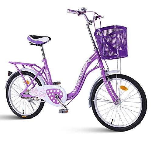 Folding Bike : Women's Folding Bikes, High Carbon Steel Low Rod Frame Large Capacity Basket Integrated Rear Shelf Student Bicycle, Purple
