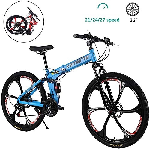 Folding Bike : WSJYP Adult Folding Mountain Bike, 26 Inch High Carbon Steel Outroad Bicycles, 21 / 24 / 27-Speed Full Suspension Dual Disc Brakes Mountain Bicycle, 24 speed-Blue
