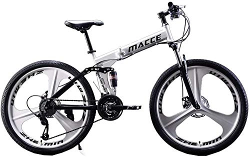 Folding Bike : WSJYP Adult Mountain Bikes, 26in Carbon Steel Mountain Bike, 21 Speed Bicycle Full Suspension MTB, Gears Dual Disc Brakes Quickly Fold Bicycle, White