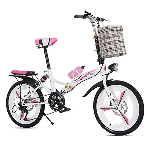 Folding Bike : WX 20 Inch Folding Bike, Portable Small Bicycle, Ultra-Light Variable Speed Disc Brake Bicycle for Adult Male and Female Student, Pink