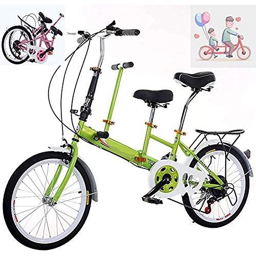 Folding Bike : WXX Portable Tandem Folding Bicycle High Carbon Steel Frame 20Inch with Positioning Transmission Anti-Skid Tire Parent-Child Bike Suitable for Family Interactive Riding, Green