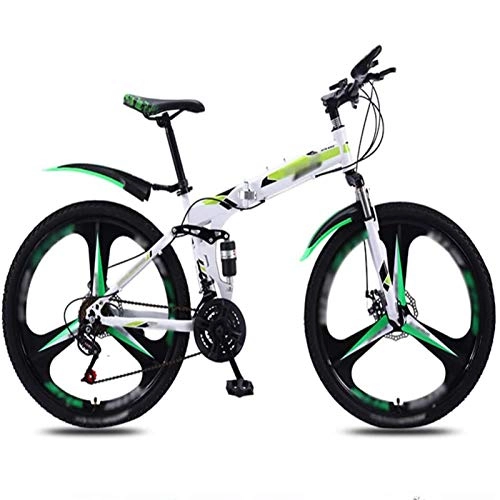 Folding Bike : WXXMZY Foldable Bike 26 Inches, 30-speed Folding Mountain Bike, Light Commuter Bike, Double Disc Brake Full Suspension Bike (Color : Green, Speed : 30speed)