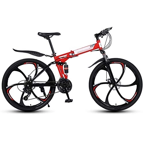 Folding Bike : WYZDQ 26 Inch Mountain Bike Front And Rear Shock Absorber Bicycle Variable Speed Folding Student Adult Work Outdoor Bike, Red, 6 knife 21 speed