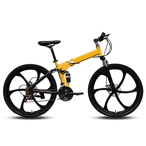 Folding Bike : WYZDQ Men's Portable Bicycle, Adult Variable Speed Folding Mountain Bike, Front And Rear Shock Absorption, Yellow, 21 speed