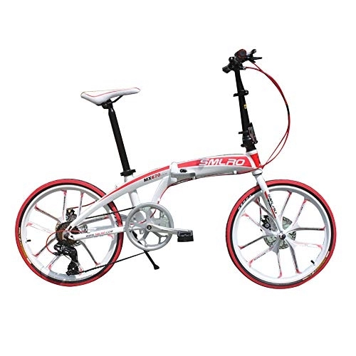 Folding Bike : WZJDY 20in Folding Bike, Aviation Grade Aluminum Alloy Lightweight City Commuter Bike, 6 Speed Shimano Gears Compact Bicycle, White Red