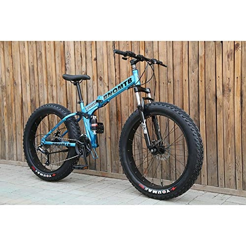 Folding Bike : WZJDY 24in Fat Tires Snowmobile, Folding Mountain Bike Bicycle with Fork Rear Suspension and Double Disc Brake, Blue, 21 Speed