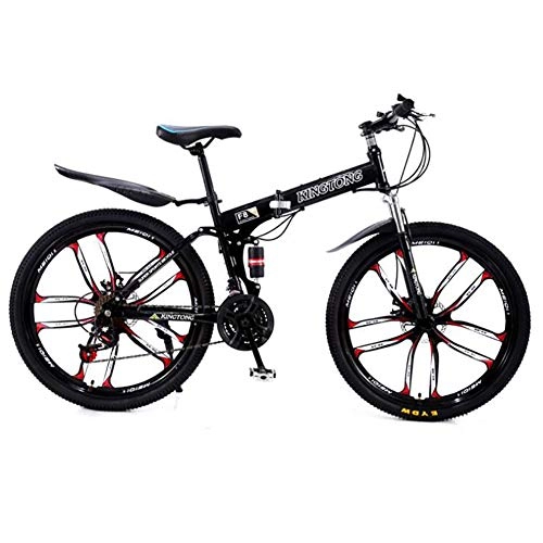 Folding Bike : WZJDY Folding Lightweight Mountain Bike with Disc Brake and Double Shock Absorption System, High-carbon Steel Frame Lightweight Foldable Bike Bicycle, 24 Speed Black, 26 Inch