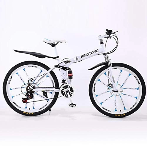 Folding Bike : WZJDY Folding Lightweight Mountain Bike with Disc Brake and Double Shock Absorption System, High-carbon Steel Frame Lightweight Foldable Bike Bicycle, 24 Speed White, 26 Inch
